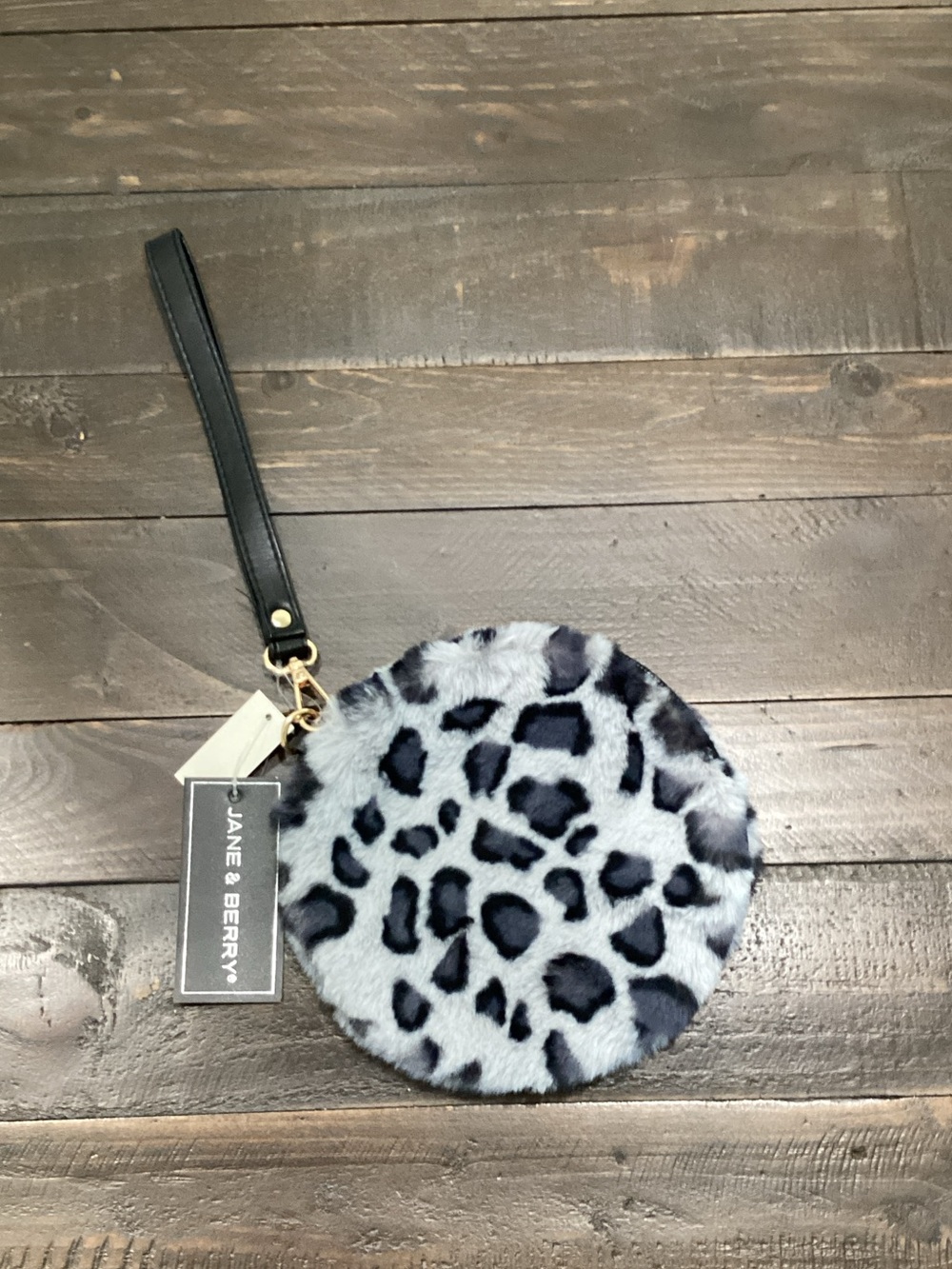 Faux Fluffy Fur Leopard Print Wristlet in Gray and Black